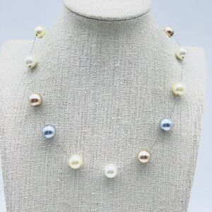 KISSAKA Necklace Multi Color Faux Pearl Beads Silver Tone Signed Vintage Style